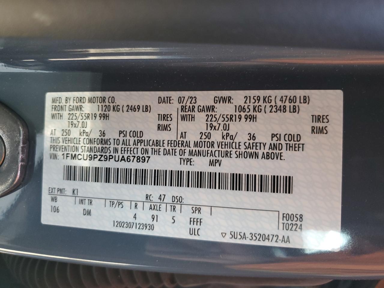 2023 FORD ESCAPE ST LINE ELITE VIN:1FMCU9PZ9PUA67897