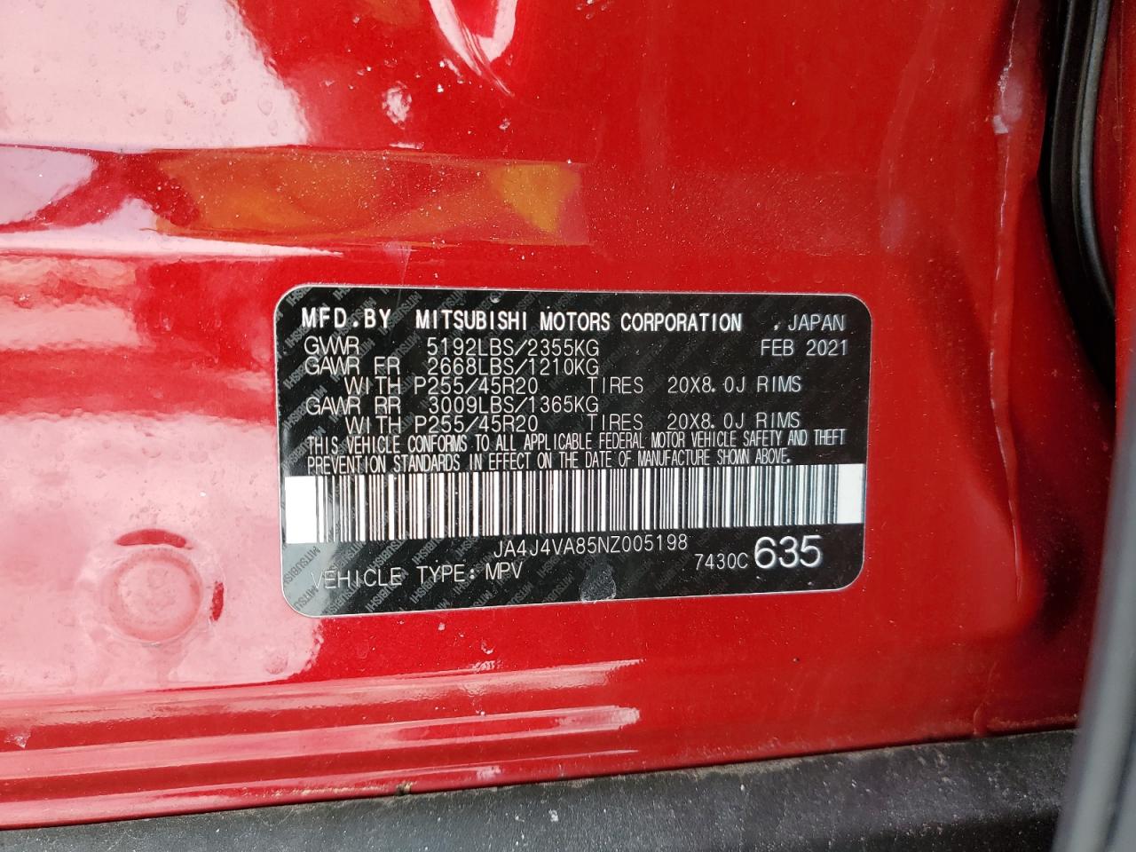 2022 MITSUBISHI OUTLANDER SEL VIN:JA4J4VA85NZ005198