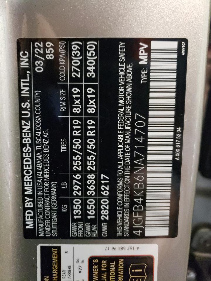 2022 MERCEDES-BENZ GLE 350 4MATIC VIN:4JGFB4KB6NA714707