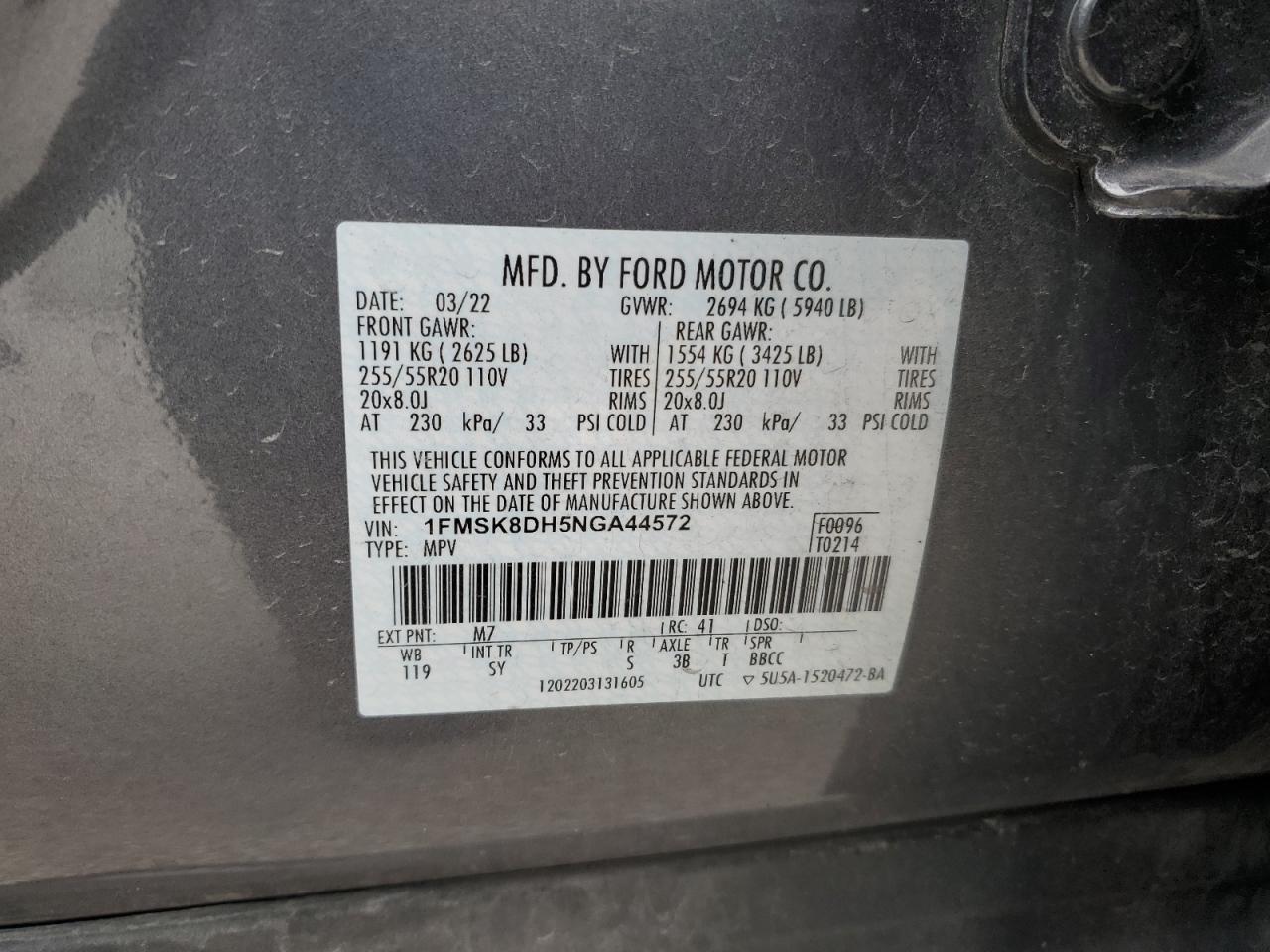 2022 FORD EXPLORER XLT VIN:1FMSK8DH5NGA44572