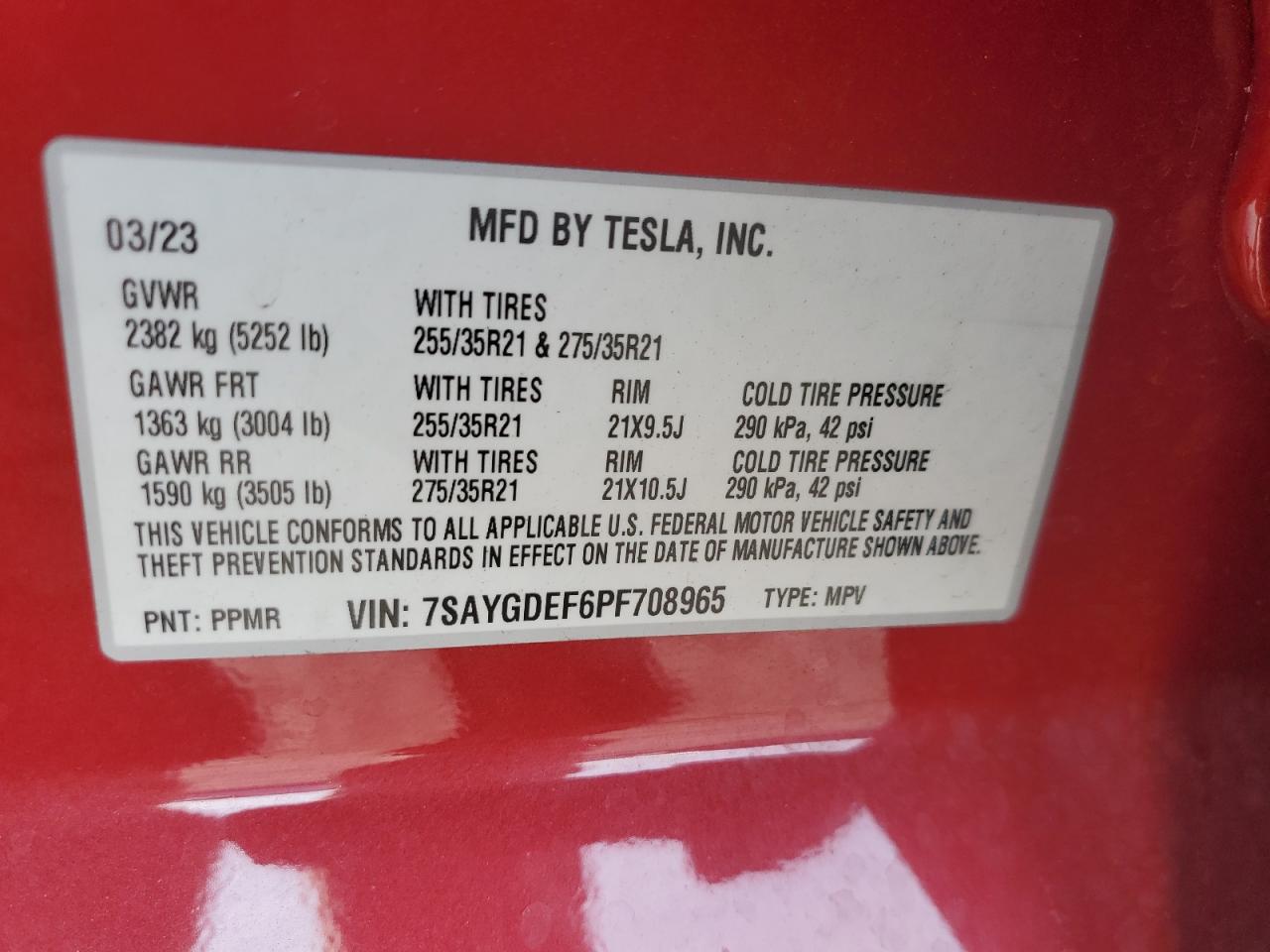 2023 TESLA MODEL Y  VIN:7SAYGDEF6PF708965