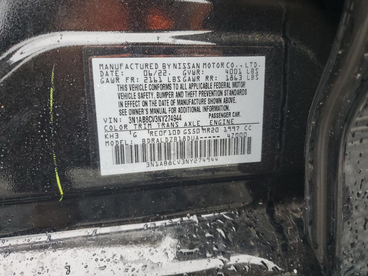 2022 NISSAN SENTRA SV VIN:3N1AB8CV3NY274944