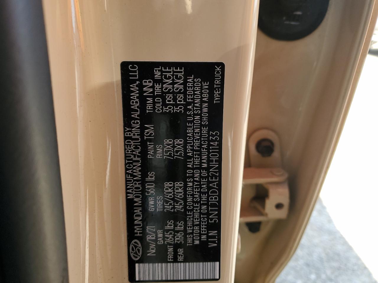 2022 HYUNDAI SANTA CRUZ SEL VIN:5NTJBDAE2NH011433