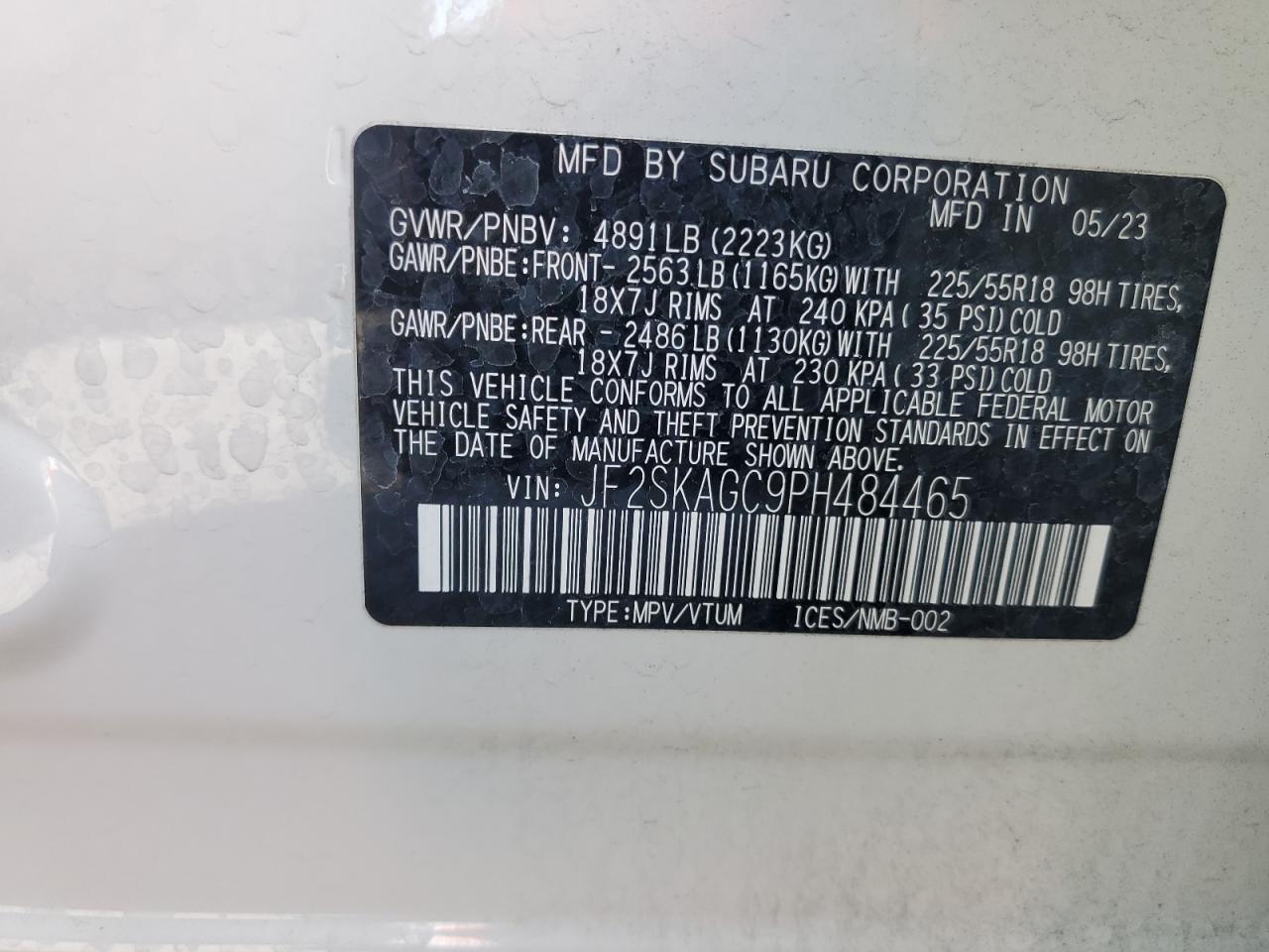 2023 SUBARU FORESTER SPORT VIN:JF2SKAGC9PH484465