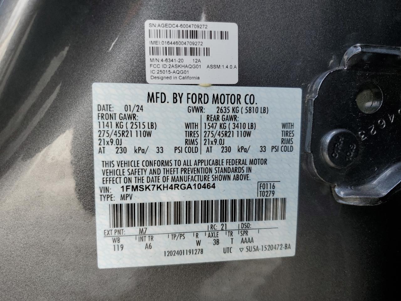 2024 FORD EXPLORER ST-LINE VIN:1FMSK7KH4RGA10464