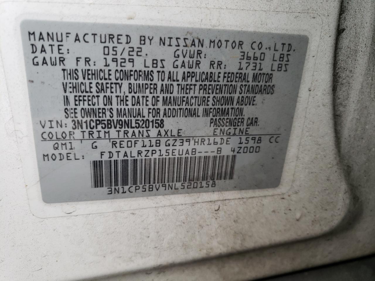 2022 NISSAN KICKS S VIN:3N1CP5BV9NL520158