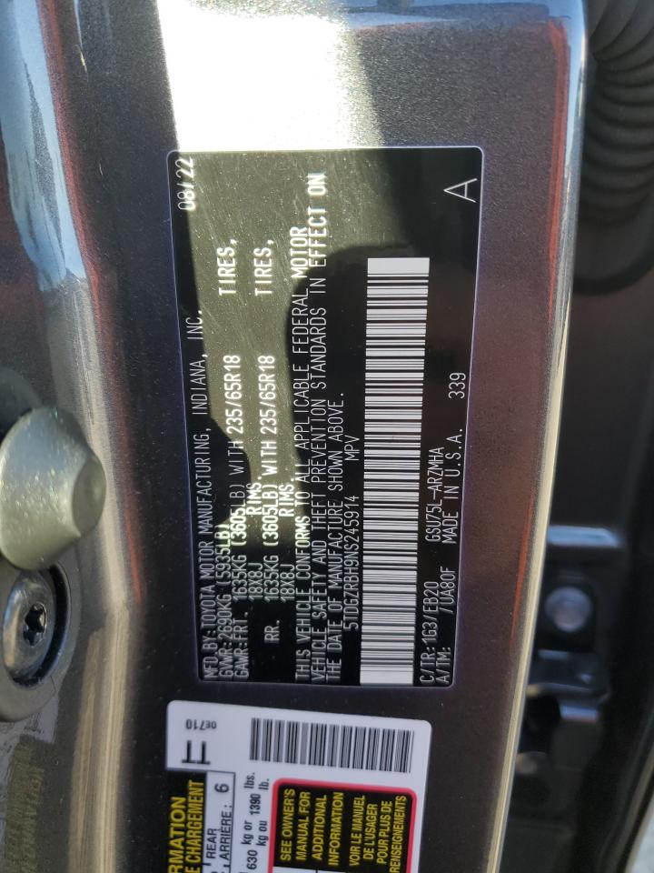 2022 TOYOTA HIGHLANDER XLE VIN:5TDGZRBH9NS245914