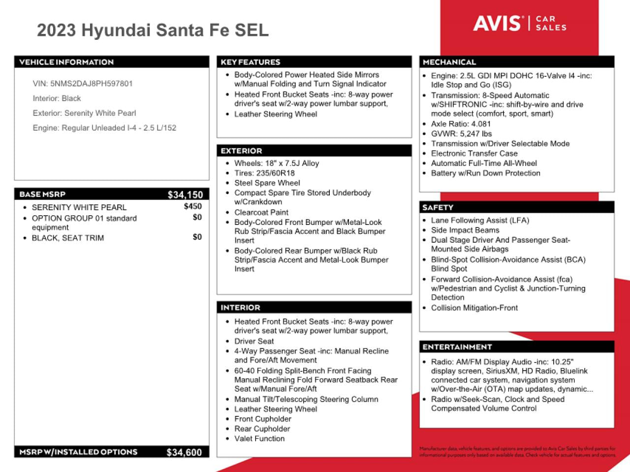 2023 HYUNDAI SANTA FE SEL VIN:5NMS2DAJ8PH597801