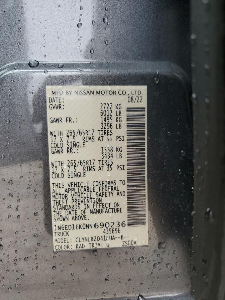 2022 NISSAN FRONTIER S VIN:1N6ED1EK0NN690236