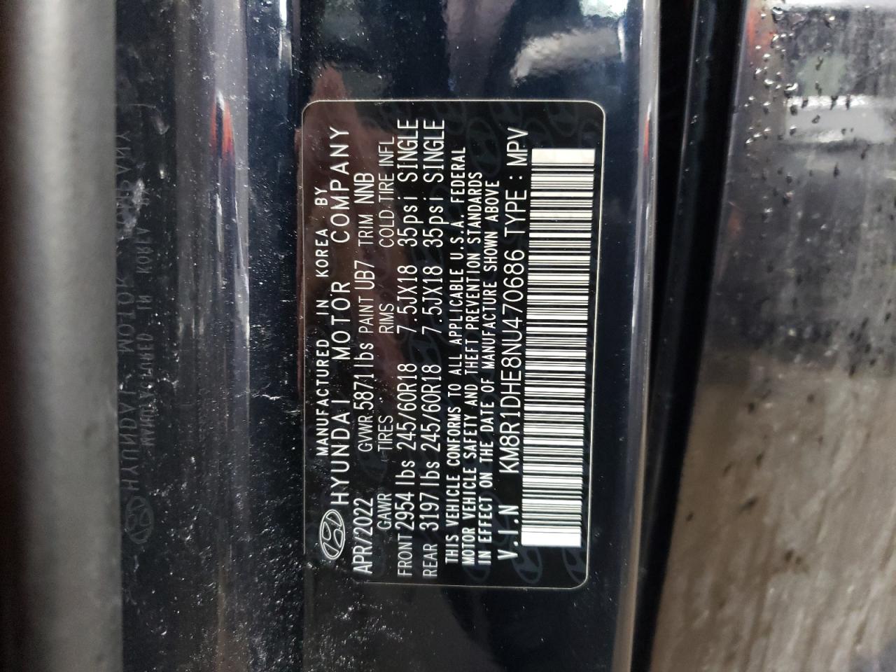 2022 HYUNDAI PALISADE SE VIN:KM8R1DHE8NU470686