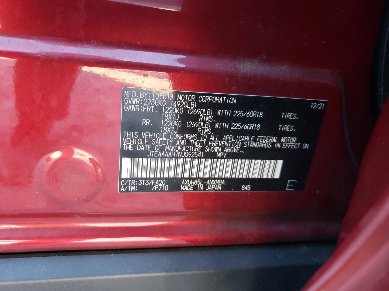 2022 TOYOTA VENZA LE VIN:JTEAAAAH7NJ092541