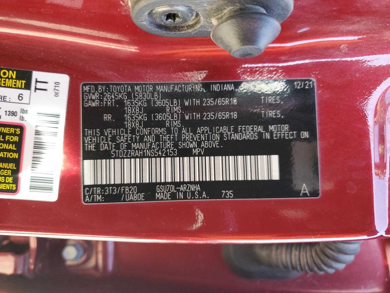 2022 TOYOTA HIGHLANDER L VIN:5TDZZRAH1NS542153