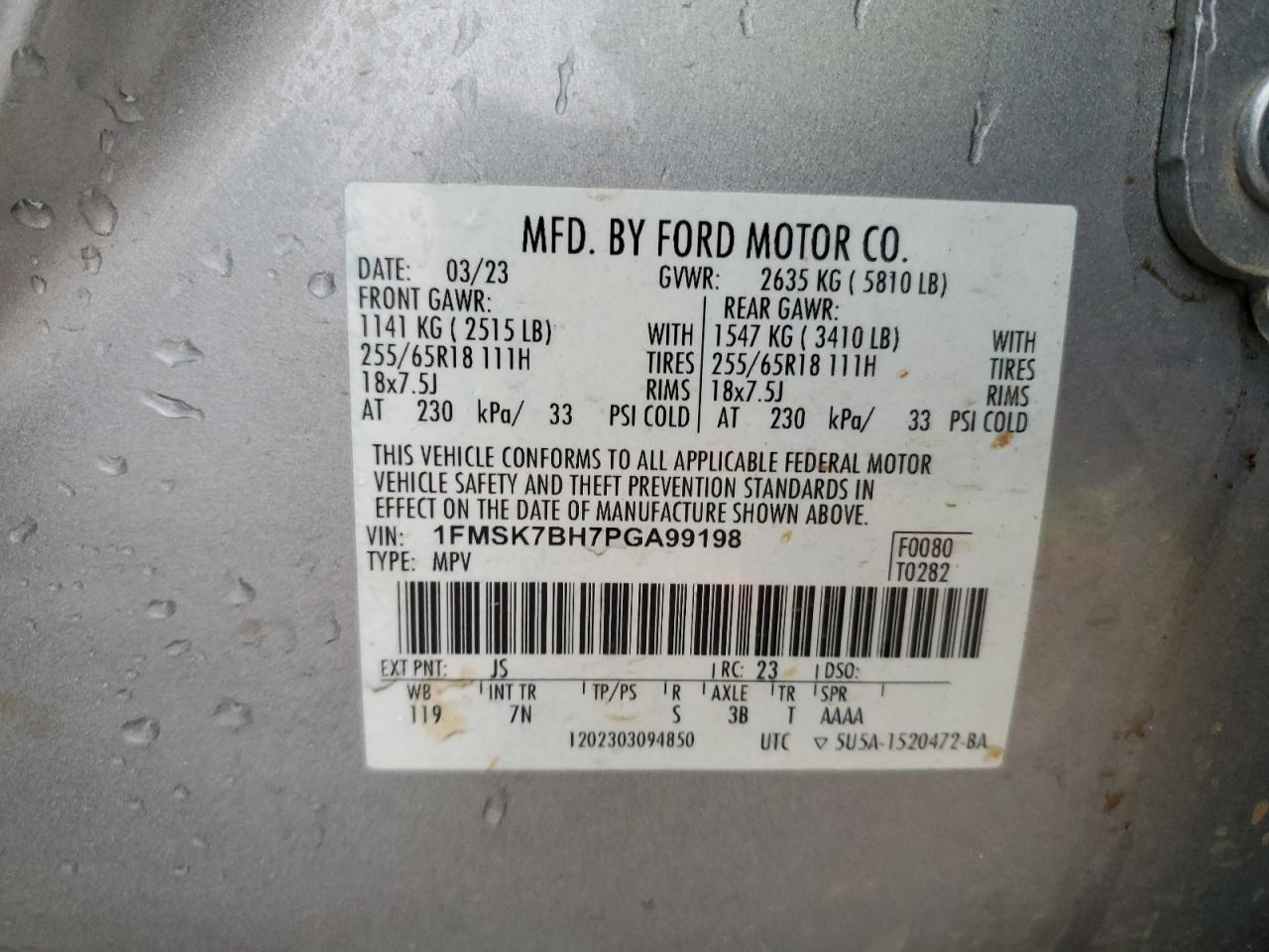 2023 FORD EXPLORER  VIN:1FMSK7BH7PGA99198