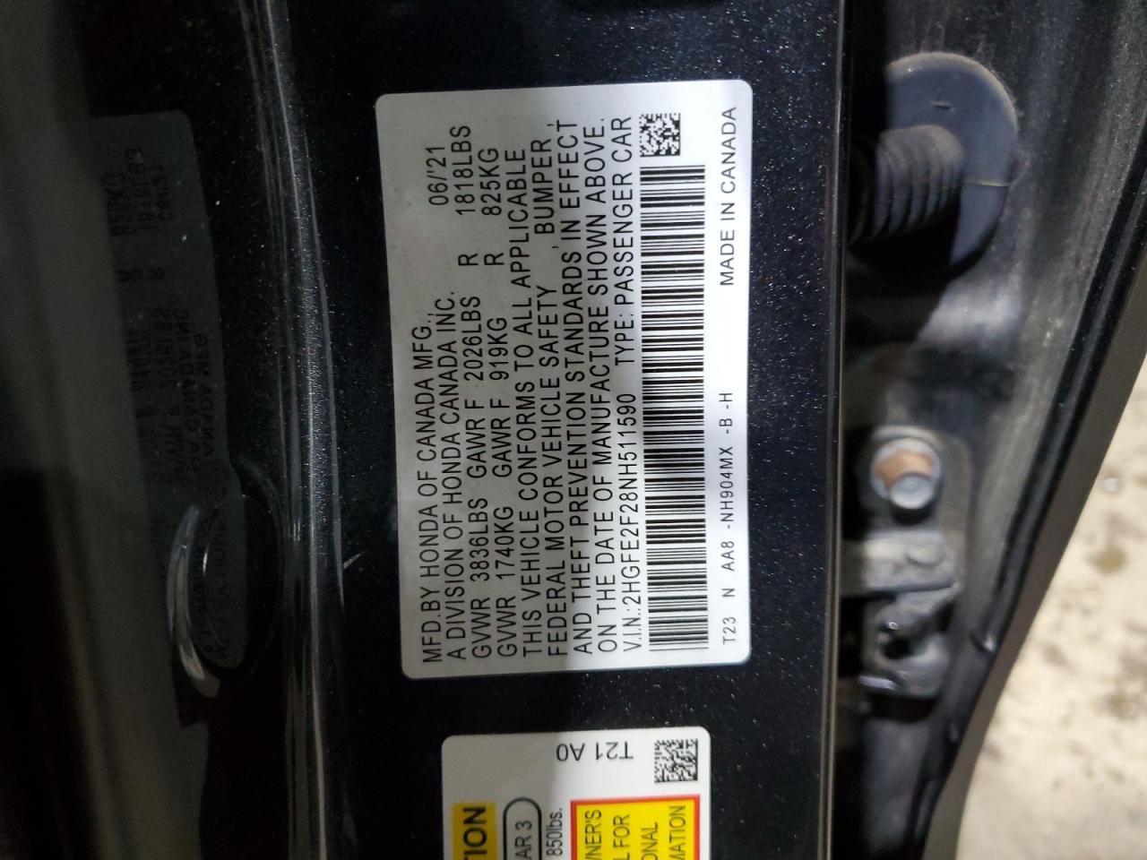 2022 HONDA CIVIC LX VIN:2HGFE2F28NH511590