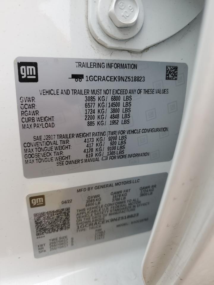 2022 CHEVROLET SILVERADO C1500 LT VIN:1GCRACEK9NZ518823