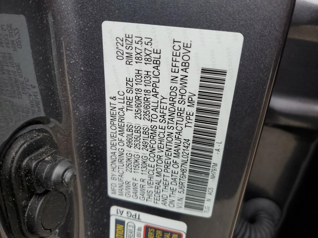 2022 HONDA CR-V EXL VIN:5J6RT6H87NL021424