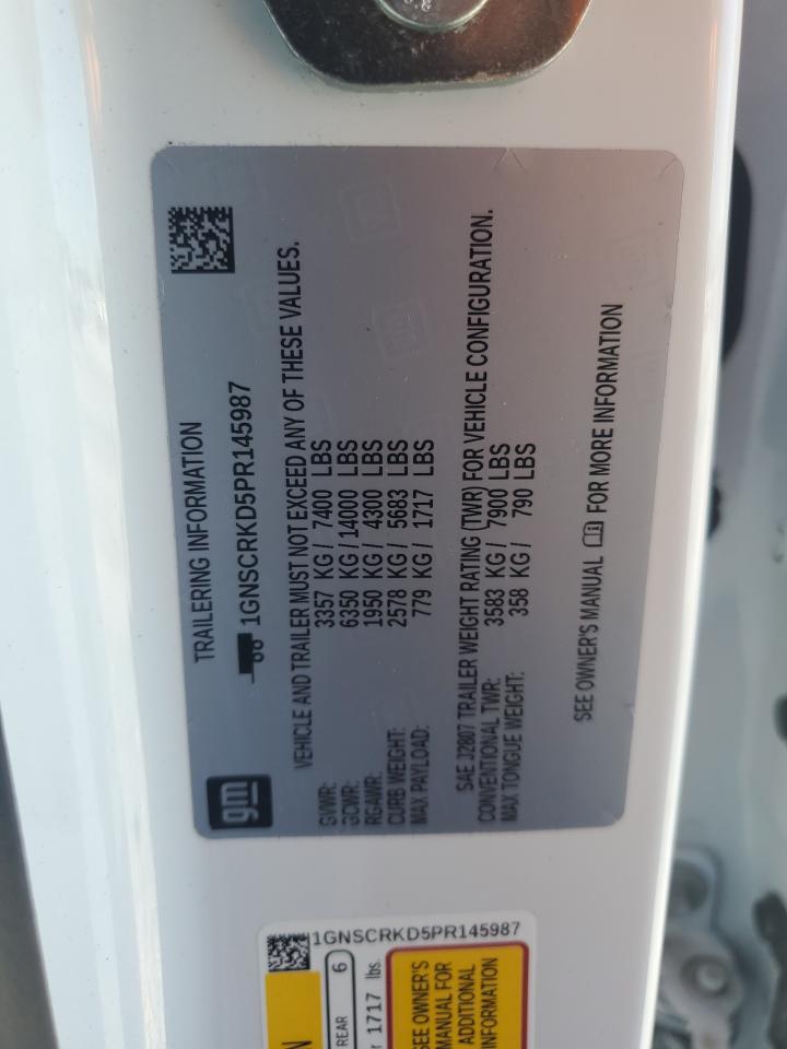 2023 CHEVROLET TAHOE C1500 RST VIN:1GNSCRKD5PR145987