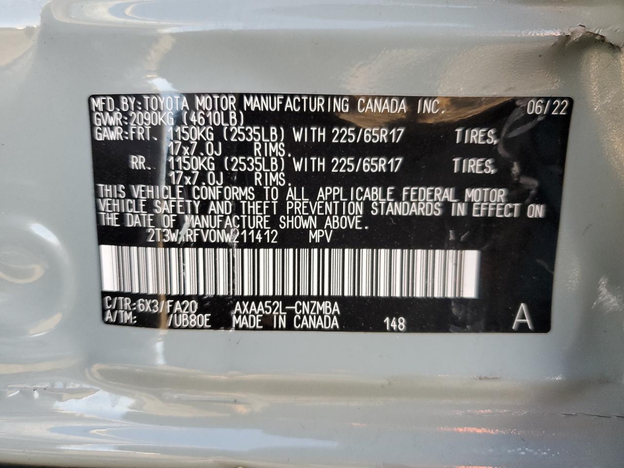 2022 TOYOTA RAV4 XLE VIN:2T3W1RFV0NW211412