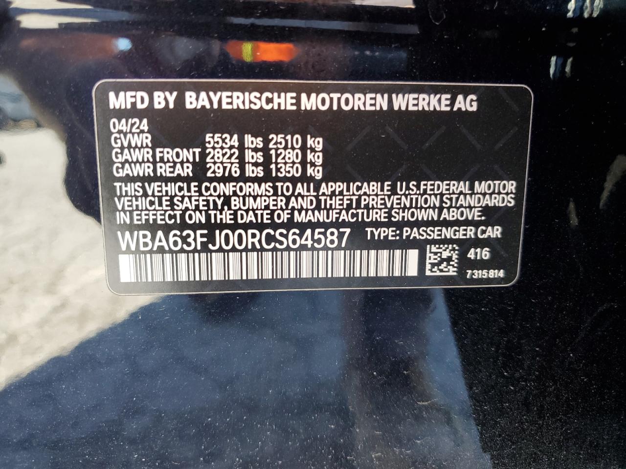 2024 BMW 540 XI VIN:WBA63FJ00RCS64587