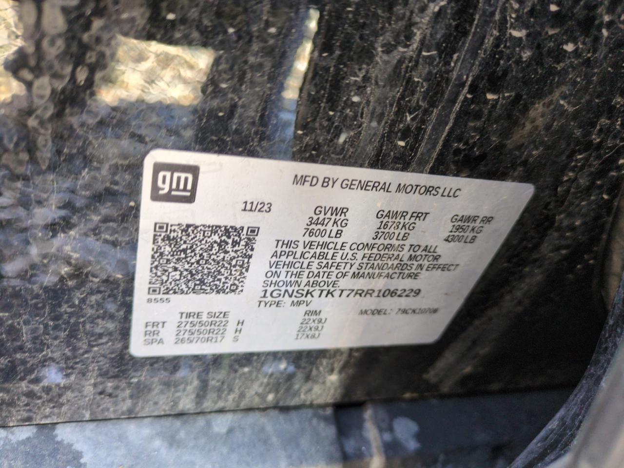 2024 CHEVROLET TAHOE K1500 HIGH COUNTRY VIN:1GNSKTKT7RR106229