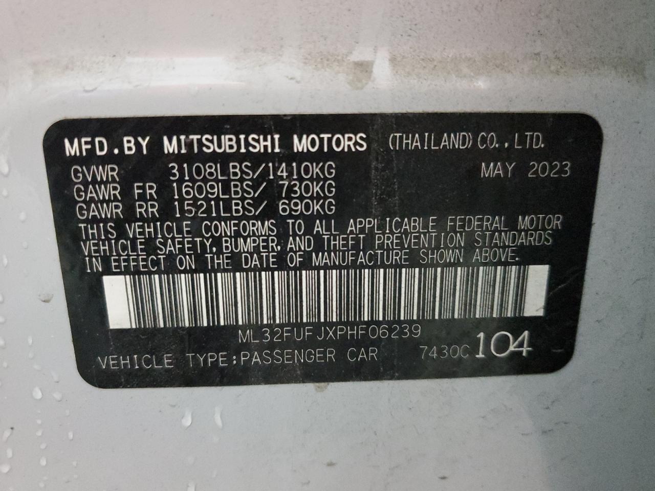 2023 MITSUBISHI MIRAGE G4 ES VIN:ML32FUFJXPHF06239