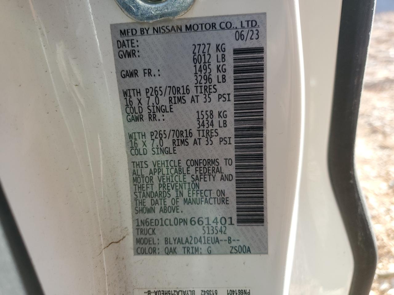 2023 NISSAN FRONTIER S VIN:1N6ED1CL0PN661401