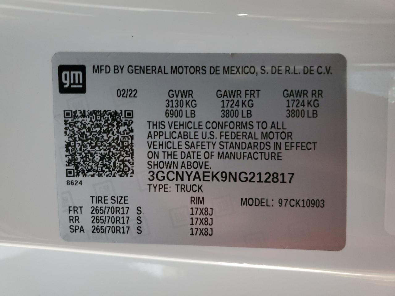 2022 CHEVROLET SILVERADO LTD K1500 VIN:3GCNYAEK9NG212817