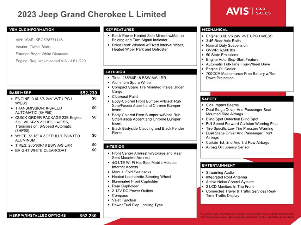 2023 JEEP GRAND CHEROKEE L LIMITED VIN:1C4RJKBG8P8771148