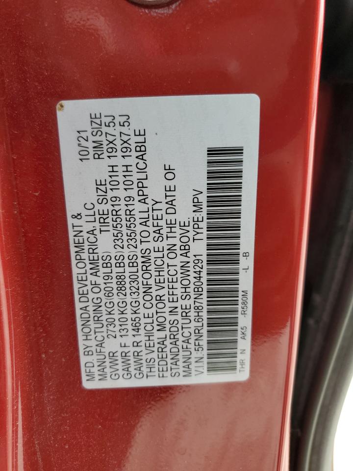 2022 HONDA ODYSSEY TOURING VIN:5FNRL6H87NB044291