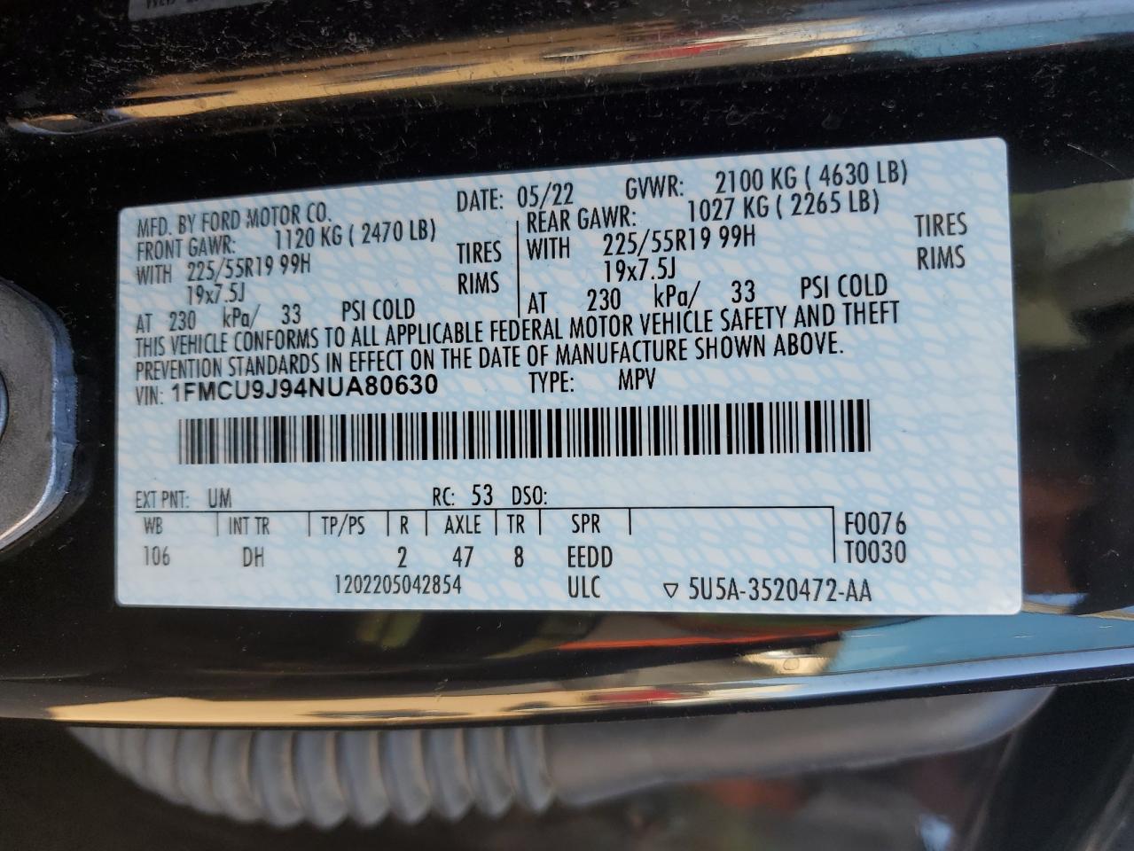 2022 FORD ESCAPE TITANIUM VIN:1FMCU9J94NUA80630