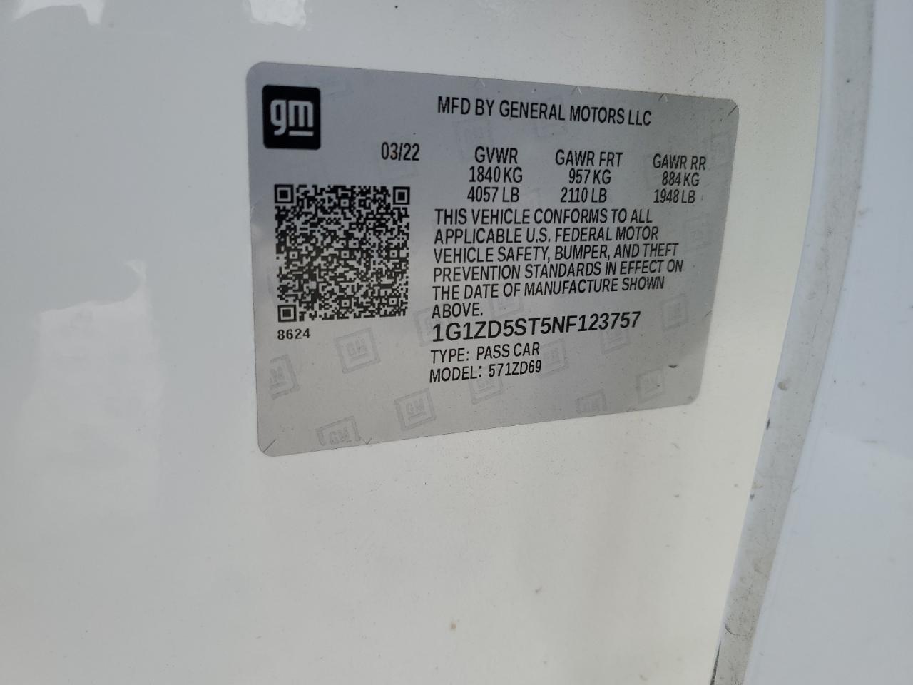 2022 CHEVROLET MALIBU LT VIN:1G1ZD5ST5NF123757