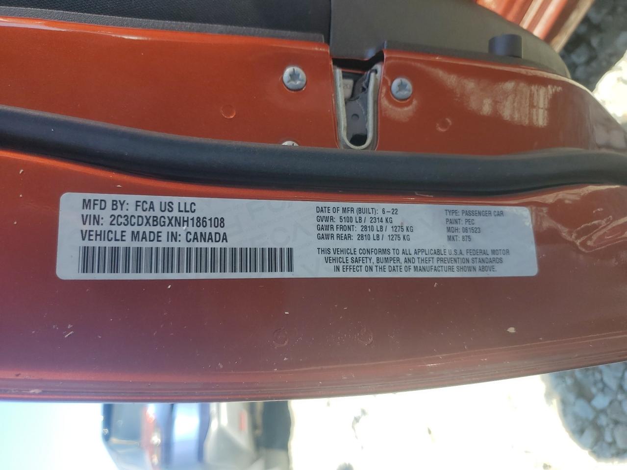 2022 DODGE CHARGER SXT VIN:2C3CDXBGXNH186108