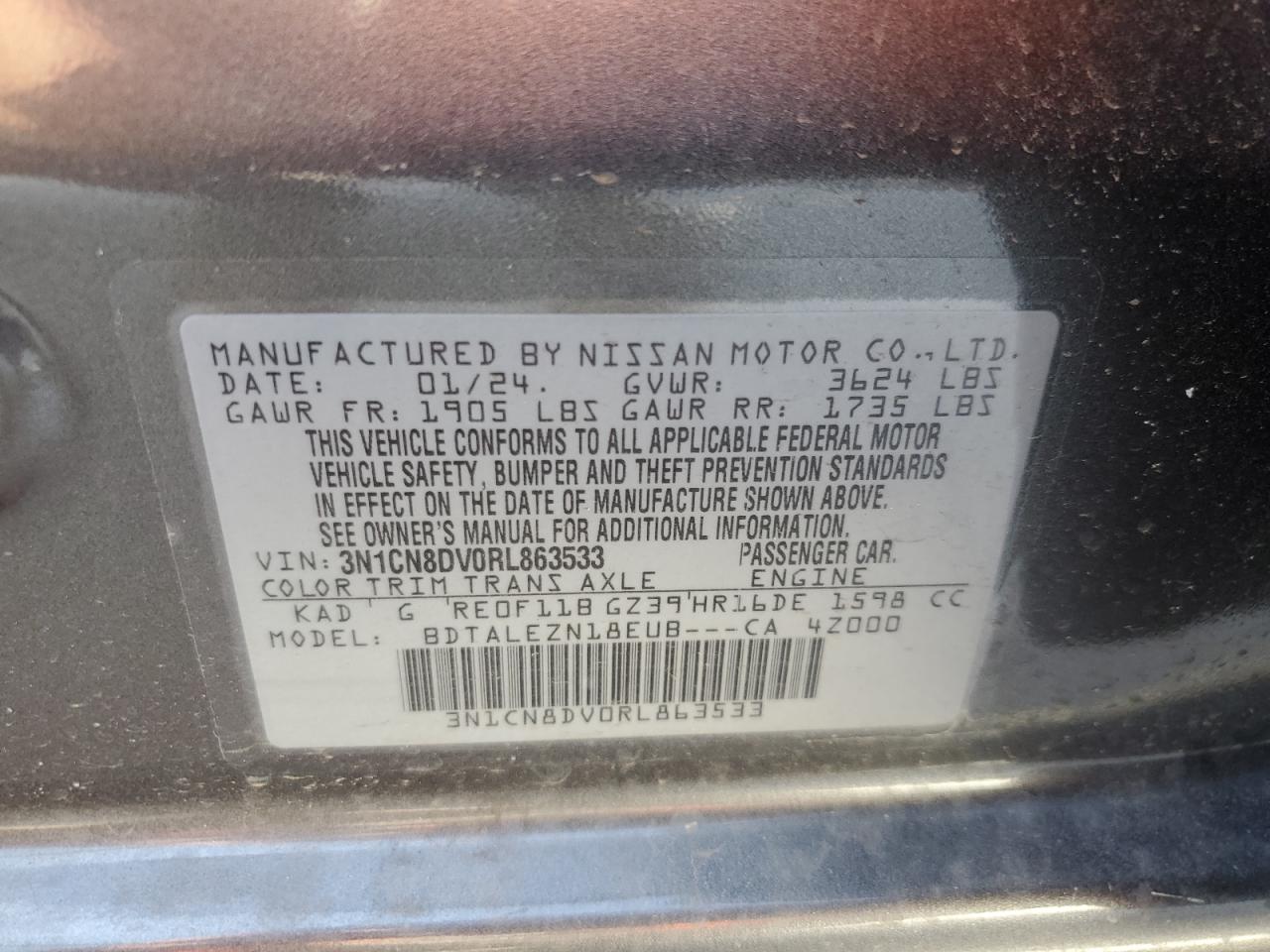 2024 NISSAN VERSA S VIN:3N1CN8DV0RL863533