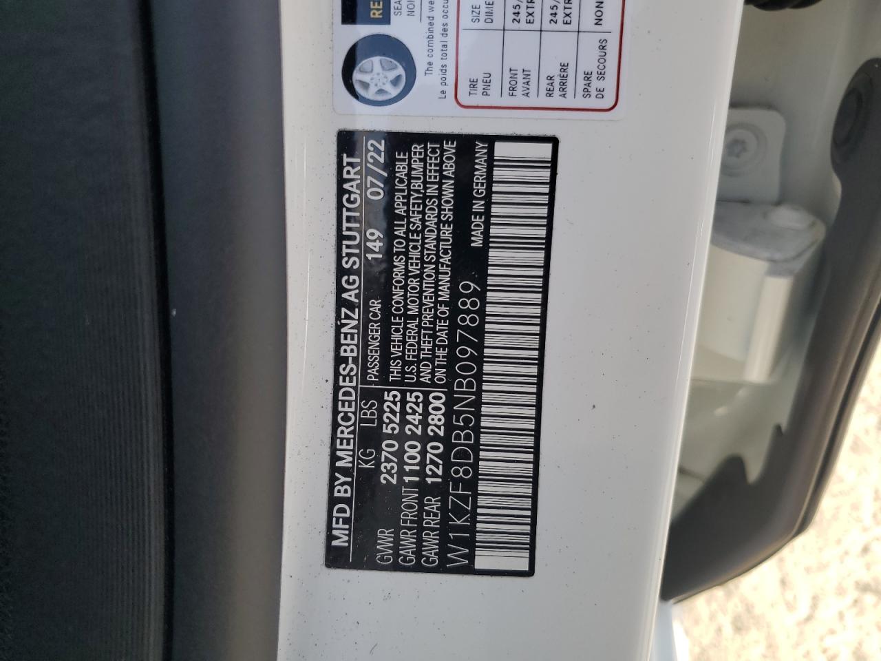 2022 MERCEDES-BENZ E 350 VIN:W1KZF8DB5NB097889