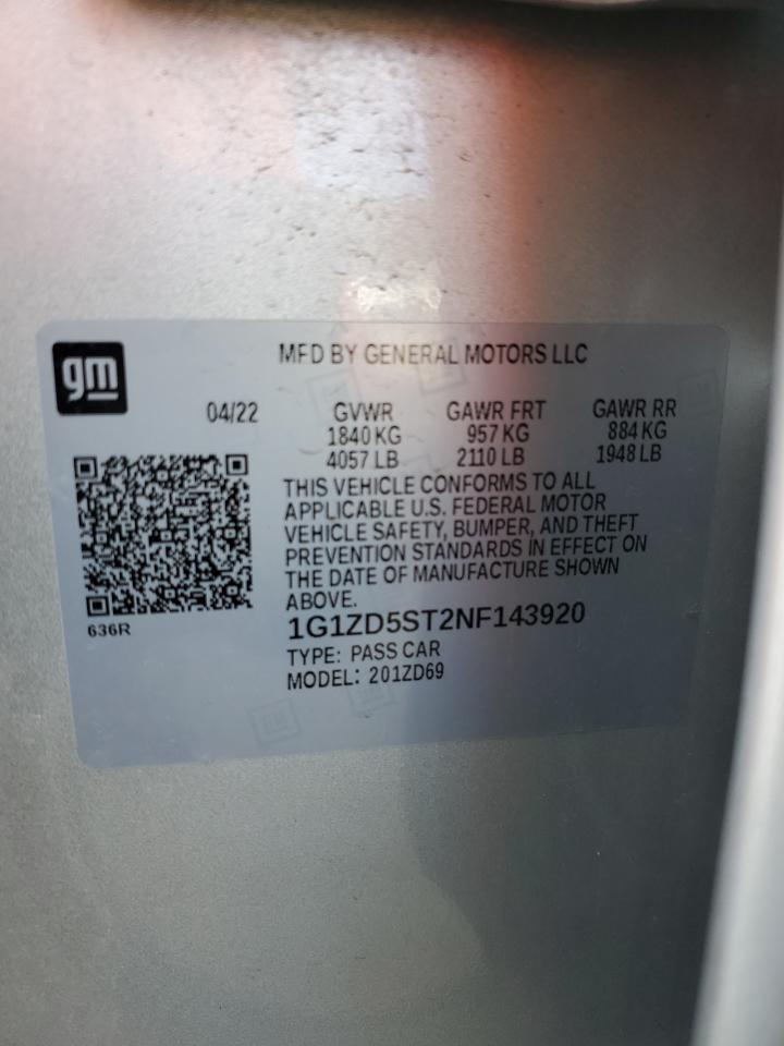 2022 CHEVROLET MALIBU LT VIN:1G1ZD5ST2NF143920