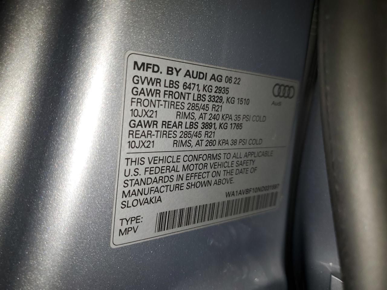 2022 AUDI Q8 PREMIUM VIN:WA1AVBF10ND031597