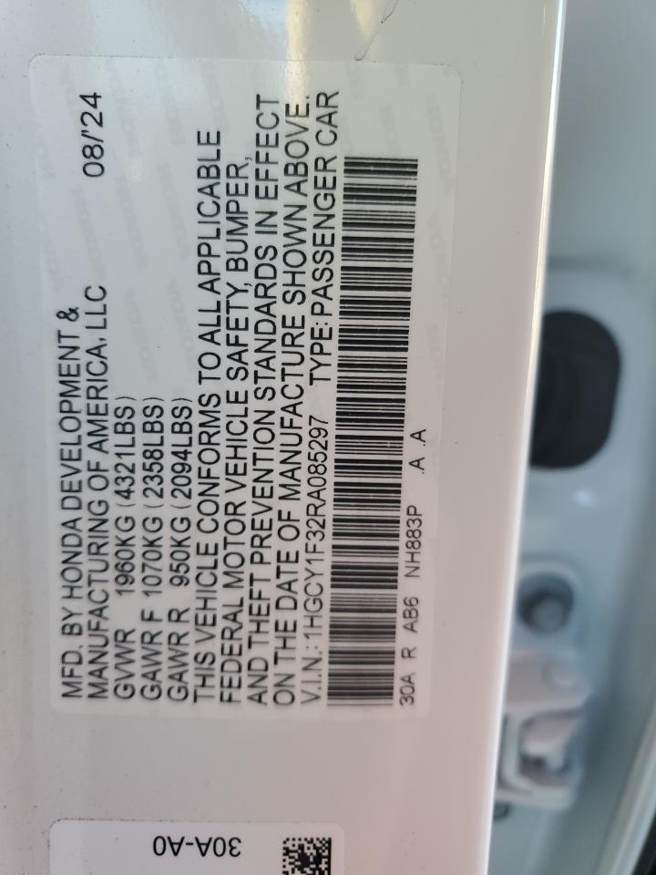 2024 HONDA ACCORD EX VIN:3CZRU5H16MM708837