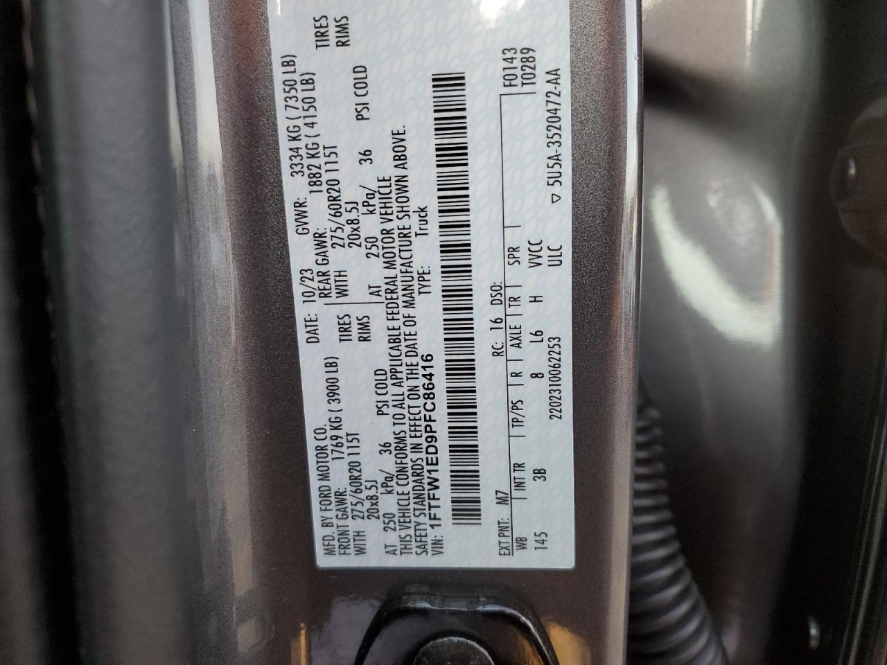 2023 FORD F150 SUPERCREW VIN:1FTFW1ED9PFC86416