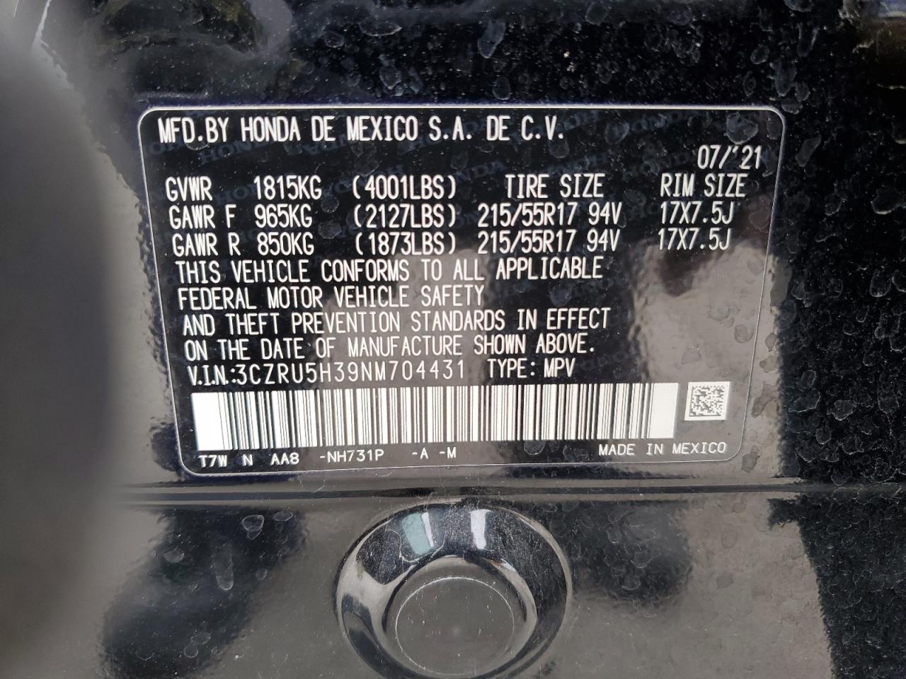 2022 HONDA HR-V LX VIN:3CZRU5H39NM704431