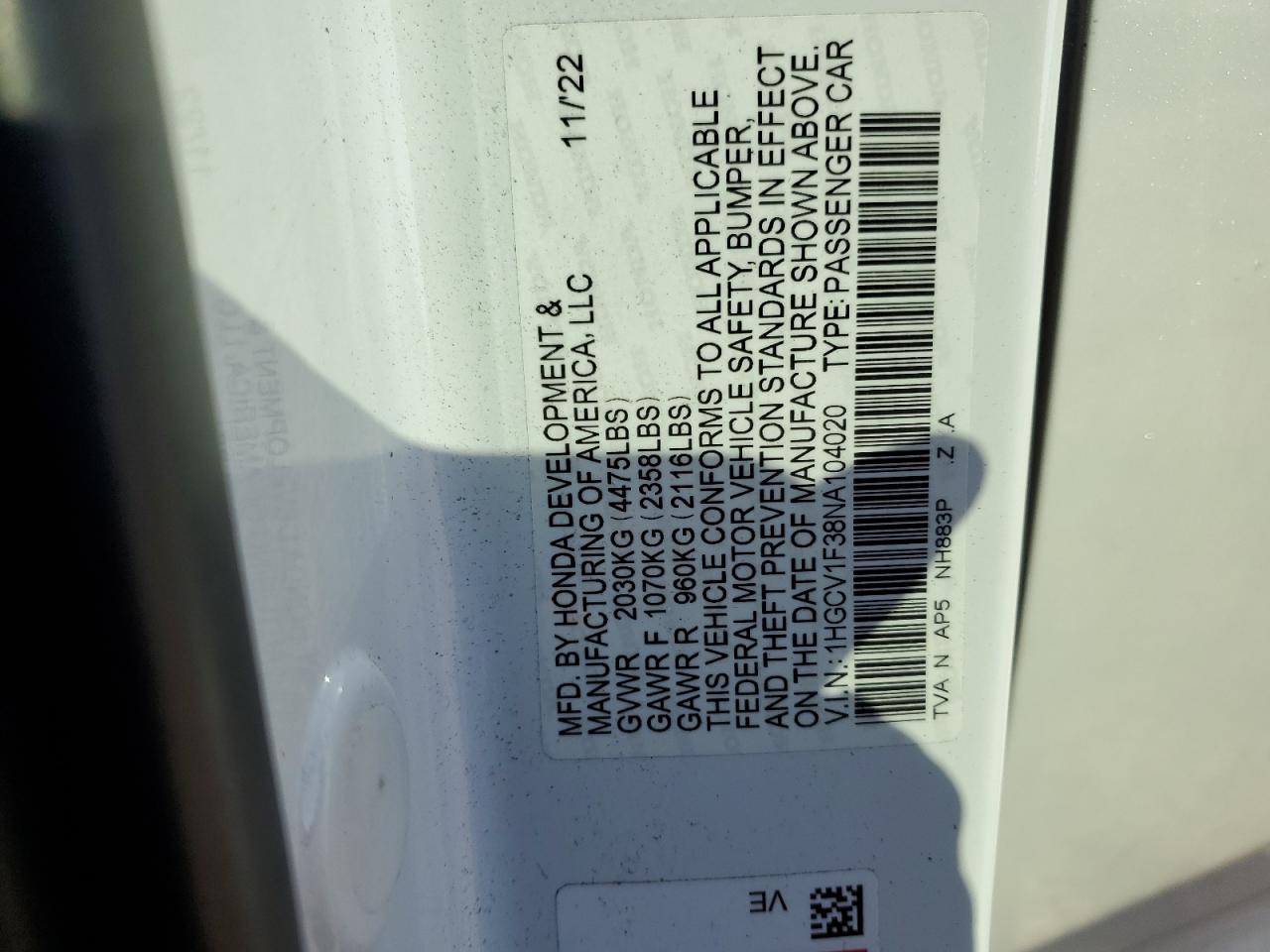 2022 HONDA ACCORD SPORT VIN:1HGCV1F38NA104020