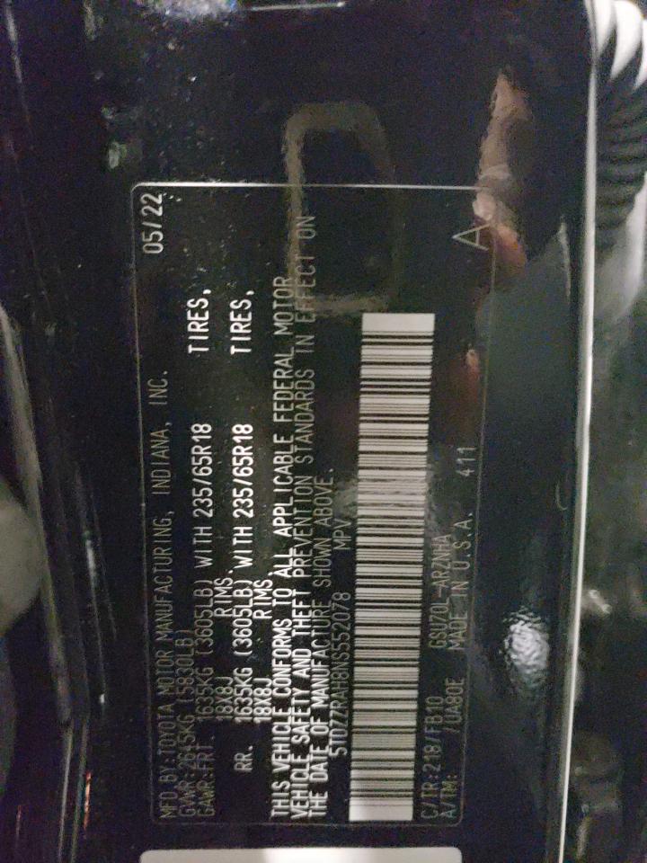 2022 TOYOTA HIGHLANDER L VIN:5TDZZRAH8NS552078