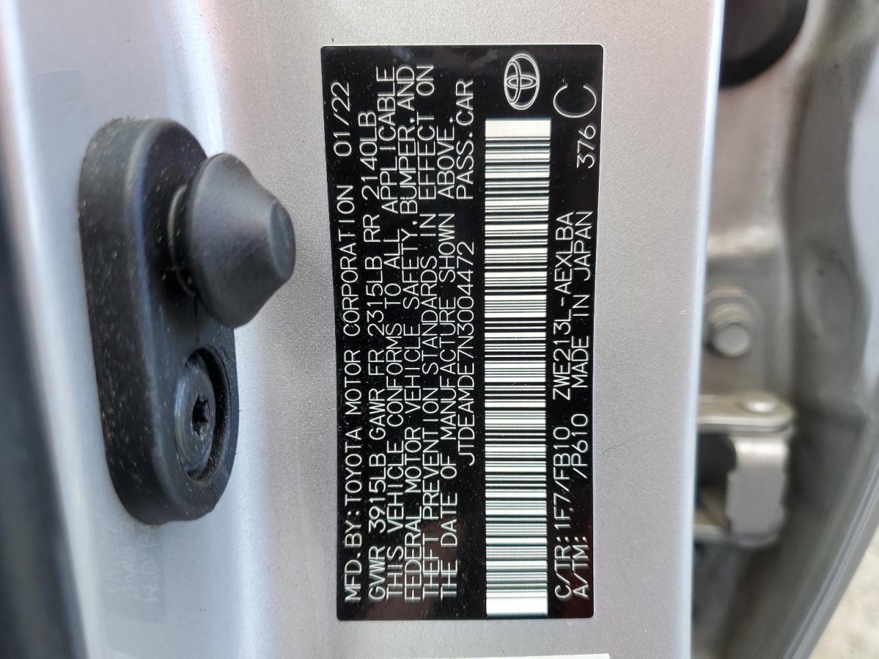 2022 TOYOTA COROLLA LE VIN:JTDEAMDE7N3004472