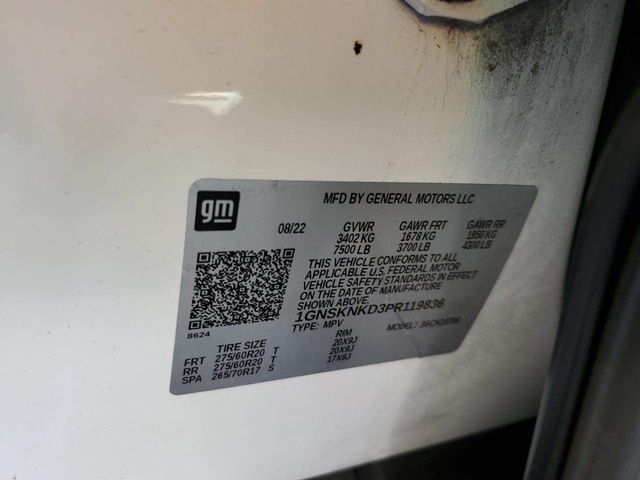 2023 CHEVROLET TAHOE K1500 LT VIN:1GNSKNKD3PR119836