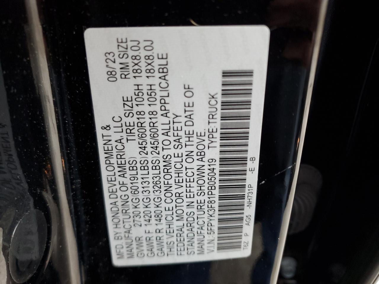 2023 HONDA RIDGELINE BLACK EDITION VIN:5FPYK3F81PB050419