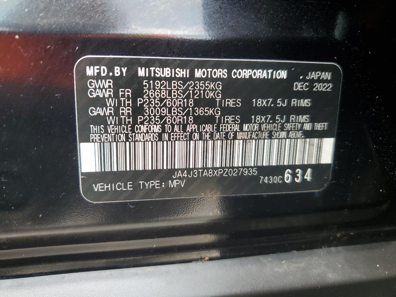 2023 MITSUBISHI OUTLANDER ES VIN:WP0AA2A8XNS255297