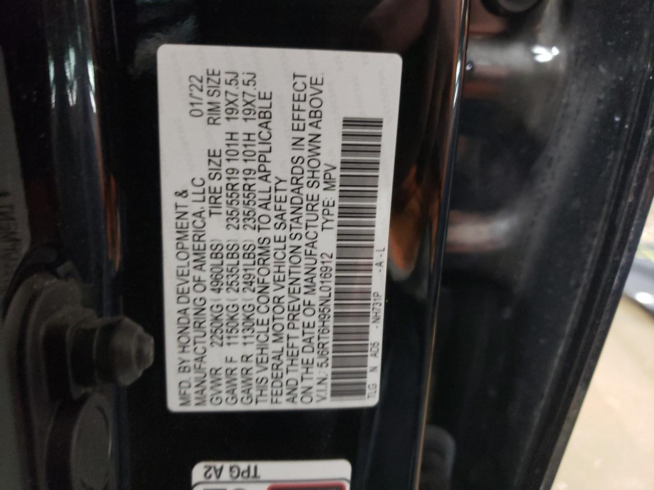 2022 HONDA CR-V TOURING VIN:5J6RT6H95NL016912