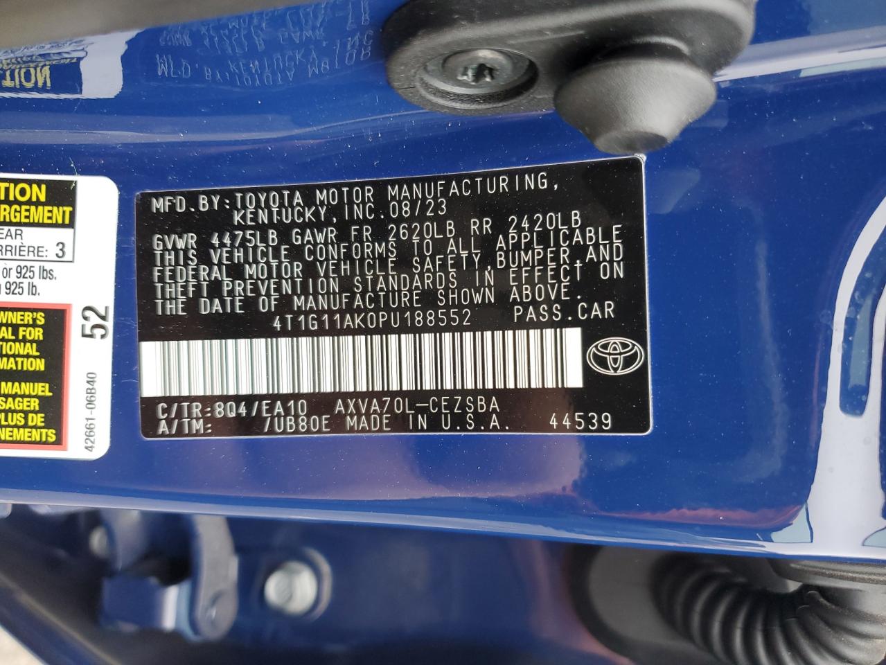 2023 TOYOTA CAMRY SE NIGHT SHADE VIN:4T1G11AK0PU188552