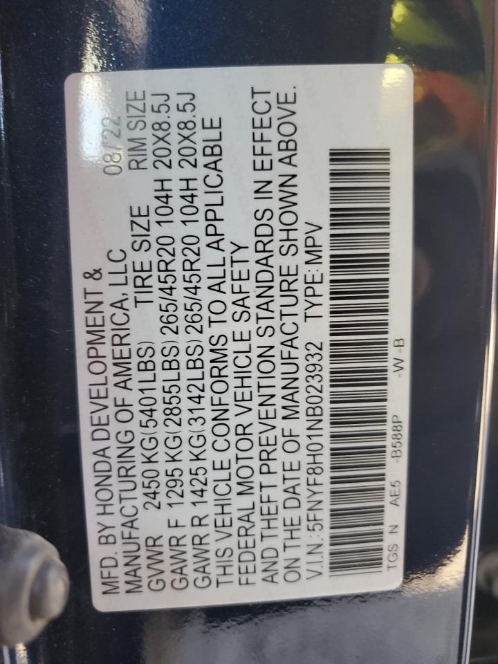 2022 HONDA PASSPORT ELITE VIN:5FNYF8H01NB023932