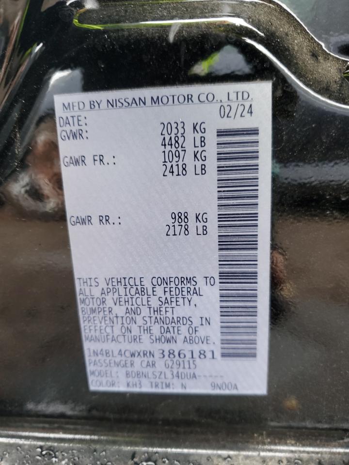 2024 NISSAN ALTIMA SR VIN:1N4BL4CWXRN386181