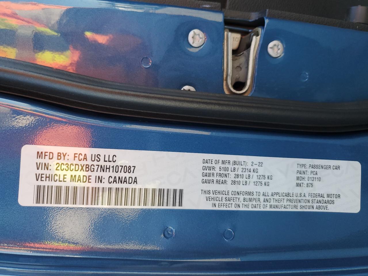 2022 DODGE CHARGER SXT VIN:2C3CDXBG7NH107087